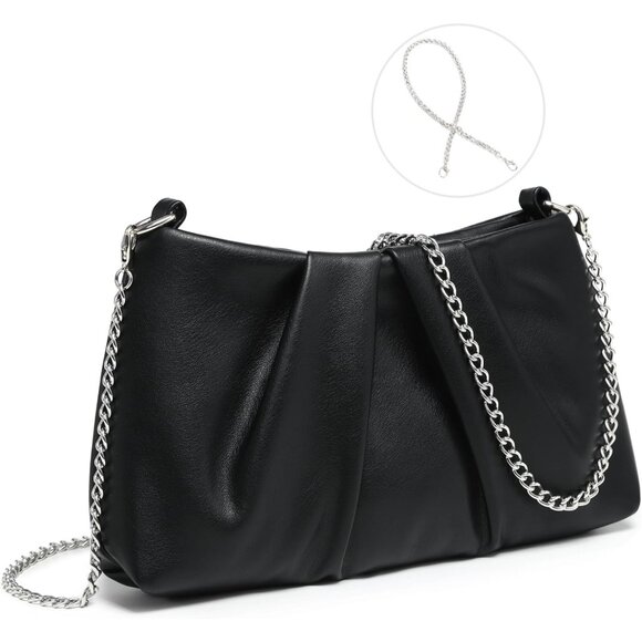Black Vegan Leather Pleated Evening Bag with 2 Detachable Chains Stylish Clutch - Picture 1 of 6